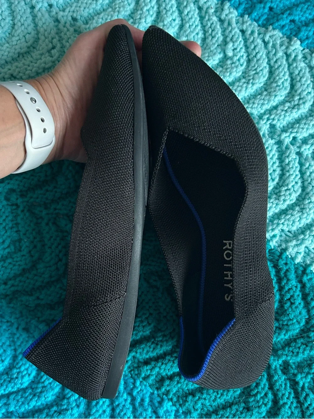 Rothy's Black Pointed Flats with Blue Trim